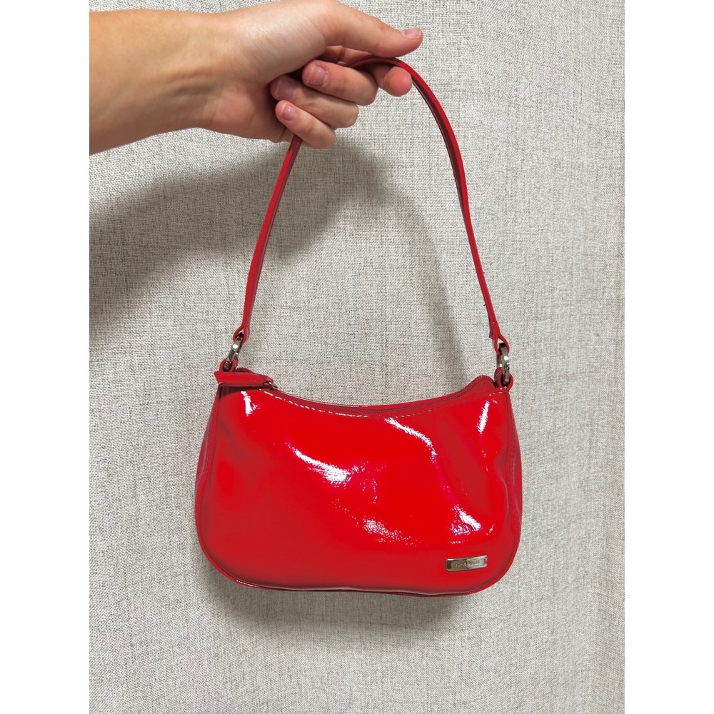 Nine West Red Patent Shoulder Bag Y2K Glossy Baguette PURSE Handbag Silver